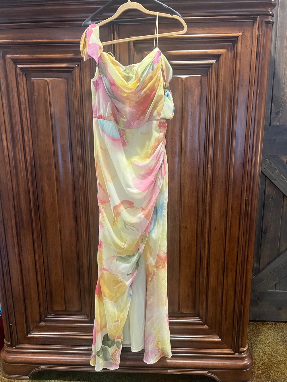 Baltic Born One-Shoulder Cowl Maxi Dress in Yellow, Pink and Blue Watercolor
